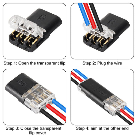 50 Pcs LED No Solder No Strip Terminal Block D3 Interchangeable Plug and Play Connector Three Wire installation guide