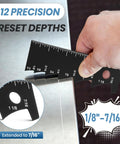 Dead On Sheet Metal Scribe Set Two Pieces Heavy Duty Layout Marking Tool With Adjustable Depth Gauge shown measuring 1/8" to 7/16" depth.