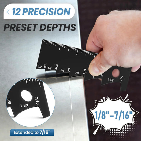 Dead On Sheet Metal Scribe Set Two Pieces Heavy Duty Layout Marking Tool With Adjustable Depth Gauge shown measuring 1/8" to 7/16" depth.
