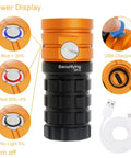 Beast Mode Bright Underwater Dive Light With 25000 Lumens For Underwater Photography And Video 100m Waterproof Depth Durable Aluminum Alloy Body Type C Charging Ideal For Deep Sea Dives showing power display, USB port and cable.