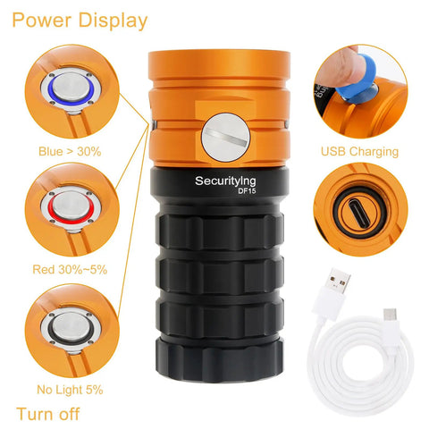Beast Mode Bright Underwater Dive Light With 25000 Lumens For Underwater Photography And Video 100m Waterproof Depth Durable Aluminum Alloy Body Type C Charging Ideal For Deep Sea Dives showing power display, USB port and cable.