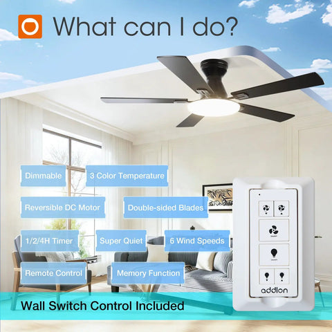 52 Inch Flush Mount Ceiling Fan With Lights And Remote Control, Wall Remote, Reversible DC Motor, Black Modern Farmhouse Style