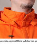 Full Zip Flame Resistant Hoodie Sweatshirt In Safety Orange, 12 Oz FR Cotton Knit Fleece, close-up of welder's collar