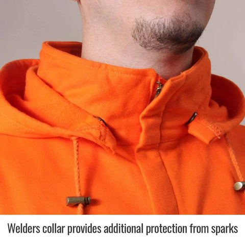 Full Zip Flame Resistant Hoodie Sweatshirt In Safety Orange, 12 Oz FR Cotton Knit Fleece, close-up of welder's collar
