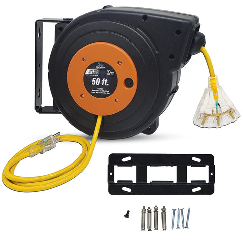 50 Ft Retractable Extension Cord Reel With Beefy Heavy Duty Cable, Multi Outlet Lighted Receptacle, Mounting Kit, Outdoor Use