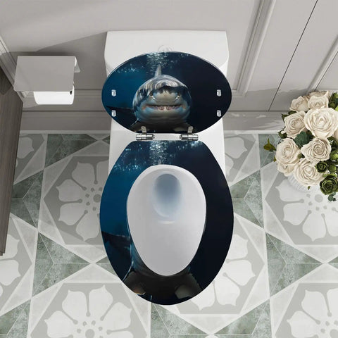 Resin Toilet Seat Decor for Elongated Toilet featuring shark design, measures 14.5" x 18.5", crafted from durable resin.