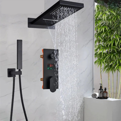 RIBEUJIZS Digital Shower System, Black Luxury Shower Mixer Kit with waterfall faucet and LED display in modern bathroom setting.