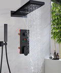 RIBEUJIZS Digital Shower System, Black Luxury Shower Mixer Kit with cascade rainfall and handshower, matte black finish.