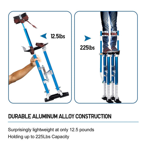 Adjustable Aluminum Drywall Stilts For Painting And Plastering 18 To 30 Inch Blue Sheetrock Stilts shown with weight and capacity