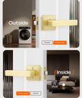 Three Pack Premium Gold Lever Door Handles For Closets And Interiors Heavy Duty Nonlocking Passage Function Left Or Right Handed Modern Gold Door Hardware For Easy Access showing interior and exterior view.