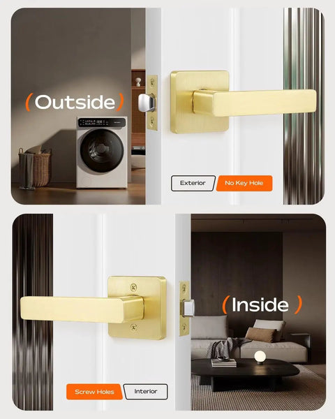 Three Pack Premium Gold Lever Door Handles For Closets And Interiors Heavy Duty Nonlocking Passage Function Left Or Right Handed Modern Gold Door Hardware For Easy Access showing interior and exterior view.