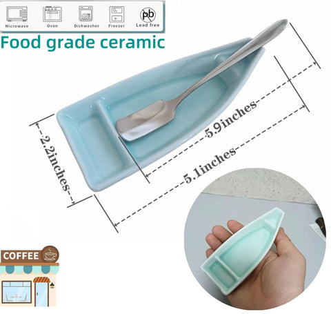 Boat Shaped Coffee Spoon Rest With Turquoise Accent And Matching Mini Spoon Cute Dope Coffee Bar Accessory For Your Coffee Station Or Tea Setup Holds Teaspoon Keeps Counter Clean 1 Piece, shown with size dimensions and in hand for scale