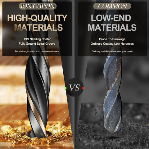 Twist drill bits shown side by side: gold HSS nitriding coated bit on the left and gray coated bit on the right.