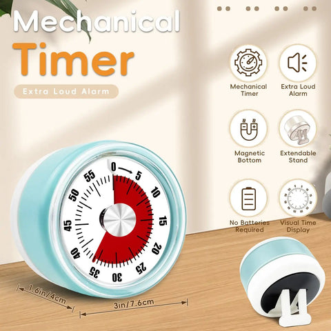 Go To Visual Kitchen Timer for Cooking 0-60 Minutes, mechanical magnetic timer on table, stainless steel dial, blue