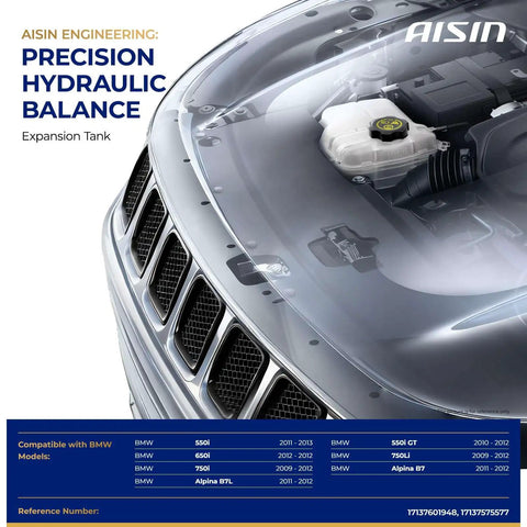 Durable Aftermarket Coolant Reservoir Tank With Temp Sensor And Leak Free Pressure Cap showing precise fit in BMW engine compartment.