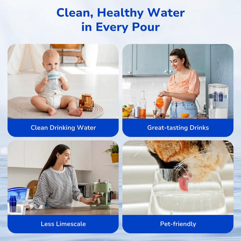 Collage showing benefits of Four Pack Water Filter Replacement For All PUR And PURPlus Pitchers, including clean water and pet-friendly use.