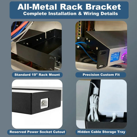 Heavy Duty 1U Rack Mount Shelf For Network Gear 19 Inch Server Bracket With Black Coated Steel Build shown with installation details.