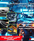 High-performance white lithium grease for automotive parts by Lucas Oil with product features and vehicle background.