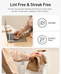 Front view: Fantasticlean tan microfiber cleaning cloths 12x12, 75-pack tear-away towels; used on laptop and faucet.
