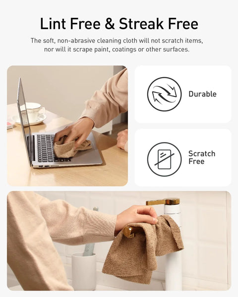 Front view: Fantasticlean tan microfiber cleaning cloths 12x12, 75-pack tear-away towels; used on laptop and faucet.