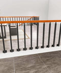 Badass Adjustable Two Seventy Degree Side Mounted Railing Post Bracket Black Wrought Iron Deck Spindle Rust Proof Stair Baluster Heavy Duty For House Or Business Build No Sweat Setup Tight Fit Ten Pack Count mounted on a stylish balcony with a wooden handrail.