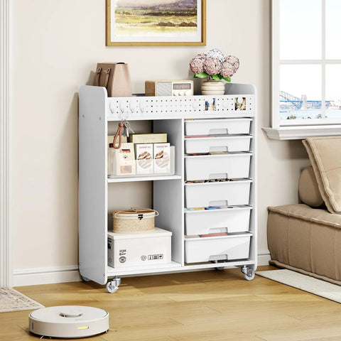Rolling Storage Cart With Top Pegboard And Six Drawers Mobile Utility Cart On Wheels With Locking Brakes Craft Organizer For Home Office And Craft Room White Wood Frame in living room setting.