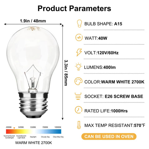 40W A15 High Temp Appliance Light Bulb For Ovens Refrigerators Under Microwave Over Stove Range Hoods And Lava Lamps E26 Base 120V Warm White 500 Degree Resistant Replacement Bulb For Everyday Home Use, showing dimensions and specifications.