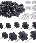 Top Shelf M4 M6 M8 Star Knob Assortment With 304 Stainless Steel Hex Nuts And Washers Easy Grip Hand Tightening Screws showing various black star knobs and washers.