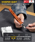 Sleek Mini Cordless Rotary Tool Kit Featuring Knockout Power And Ultra Quiet Motor Operation For Smooth Sanding Polishing Detail Work On Desktop Printers And Gear, shown in use for engraving.
