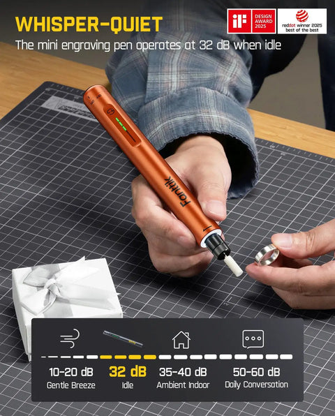 Sleek Mini Cordless Rotary Tool Kit Featuring Knockout Power And Ultra Quiet Motor Operation For Smooth Sanding Polishing Detail Work On Desktop Printers And Gear, shown in use for engraving.