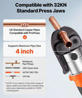 VEVOR 18V Electric Pipe Press Tool With Six VUS Jaws For Copper Crimping supports 4 inch pipe size with compatible press jaws.