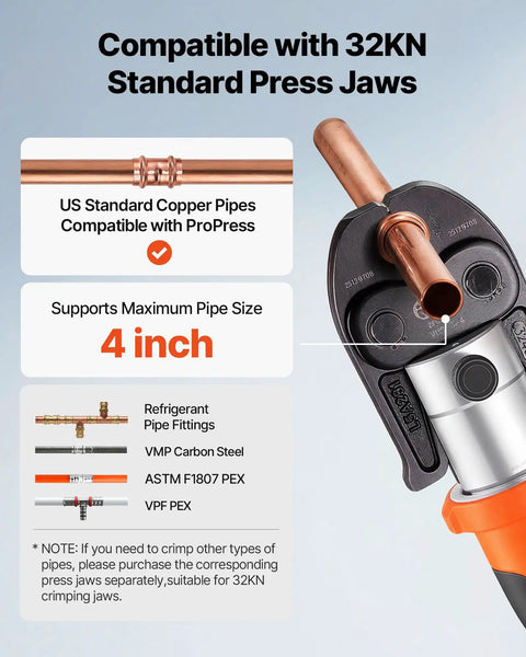VEVOR 18V Electric Pipe Press Tool With Six VUS Jaws For Copper Crimping supports 4 inch pipe size with compatible press jaws.