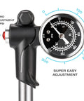 Close-up of High Pressure Mountain Bike Shock Pump with gauge, featuring easy dial tuning and micro adjustment for 300 PSI.