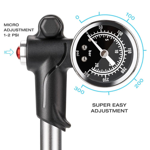 Close-up of High Pressure Mountain Bike Shock Pump with gauge, featuring easy dial tuning and micro adjustment for 300 PSI.