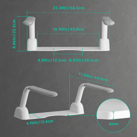 Thick Cast Iron Toilet Safety Rails For Seniors Featuring Slick Fold Handles And Non Slip Base dimensions displayed on a gray background.