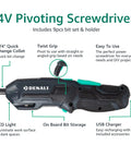 4V Cordless Pivoting Screwdriver With 10 Piece Bit Set And USB Charger Blue showing features and labeled parts