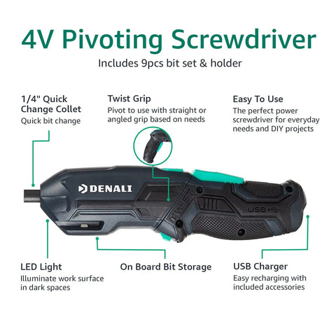 4V Cordless Pivoting Screwdriver With 10 Piece Bit Set And USB Charger Blue showing features and labeled parts