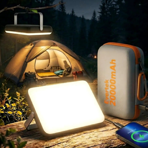 Beast 20,000mAh Portable LED Work Light and Camping Lantern in use at night in front of a tent, showing rotatable stand and power bank feature.
