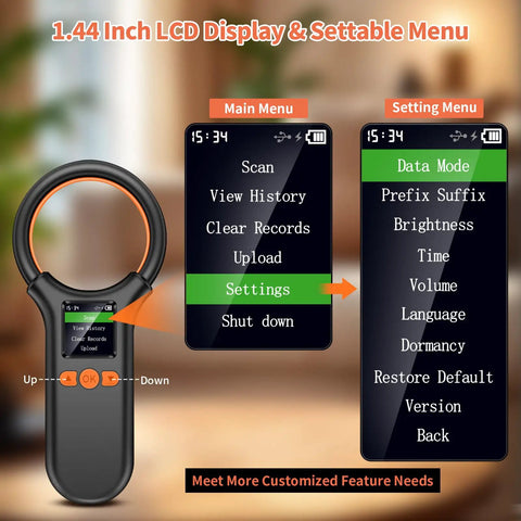 Pet Microchip Scanner For Dogs Cats And More, Rechargeable RFID EMID FDX B Reader With LCD Display showing menu options