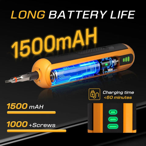 4V Cordless Electric Screwdriver Set With USB C Charge LED Light 26 S2 Bits Dual Activation showing 1500mAh battery capacity