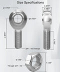 Beefy Three Quarter Inch Heim Joint Rod End Kit With Left And Right Hand Threads, Chromoly Joints For Panhard Rods And Traction Bars, Jam Nuts Included, Heavy Duty Steering And Suspension Linkage, 2 Pack showing size specifications and 3/4-16 thread
