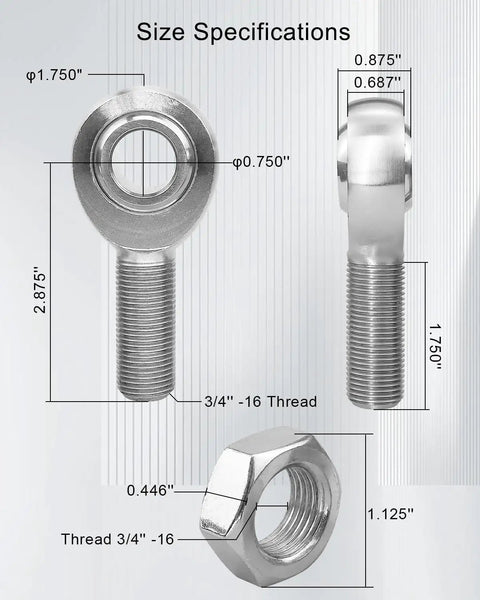 Beefy Three Quarter Inch Heim Joint Rod End Kit With Left And Right Hand Threads, Chromoly Joints For Panhard Rods And Traction Bars, Jam Nuts Included, Heavy Duty Steering And Suspension Linkage, 2 Pack showing size specifications and 3/4-16 thread