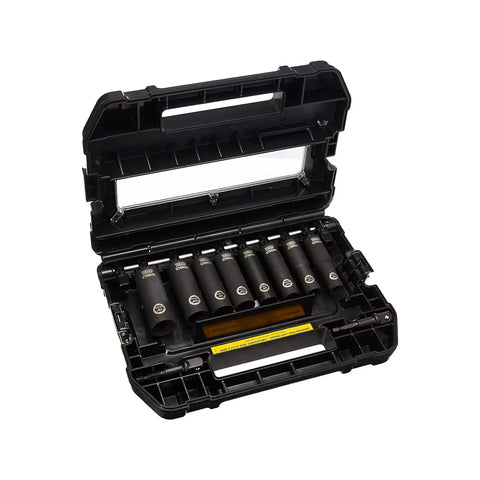 Impact Socket Set With Half Inch Drive Ten Piece Including Eight Common Sockets And Two Adapters For Quarter To Half Inch Built To Last