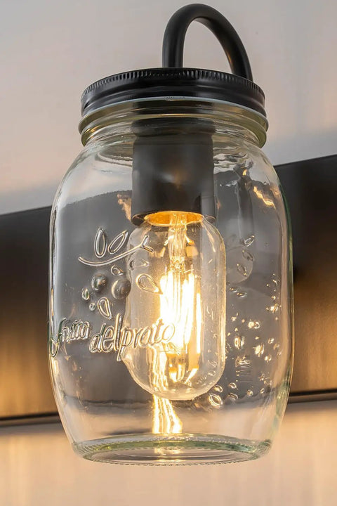 Mason Jar Vanity Glass Wall Lights Black Wall Sconce For Bathroom Farmhouse Decor, Modern Rectangular Backplate Mount, Lit Ambient Glow For Living Room Bedroom Kitchen Powder Room And Hallway