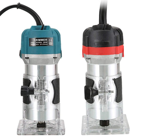 Palm Router Electric Hand Trimmer For Woodworking And Laminate Edges, 110V 800W, aluminum base, transparent guide front view