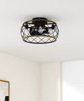 20 Inch Cage Ceiling Fan With Lights And Remote, Flush Mount Low Profile Farmhouse Ceiling Fan For Kitchen And Bedroom, Black And Gold Finish