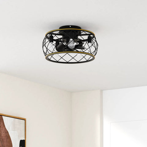 20 Inch Cage Ceiling Fan With Lights And Remote, Flush Mount Low Profile Farmhouse Ceiling Fan For Kitchen And Bedroom, Black And Gold Finish