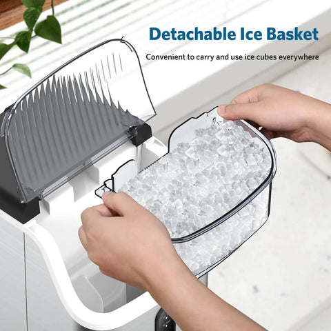 Person removing ice basket from Nugget Ice Maker Countertop Portable Chewable Pellet Ice Machine With Auto Cleaning Function 34 Lbs Per 24 Hours Durable Stainless Steel Body For Kitchen Office And Home Use Silver.
