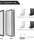 Front and back view of Replacement HEPA Filter Set For Qrevo S Curve Pro Plus MaxV Edge Robotic Vacuum Cleaners, compatible models shown.