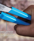 Close-up of Tongue And Groove Pliers 9.5 Inch Straight Jaw With 1.5 Inch Jaw Capacity, blue handles in hand, Made in USA